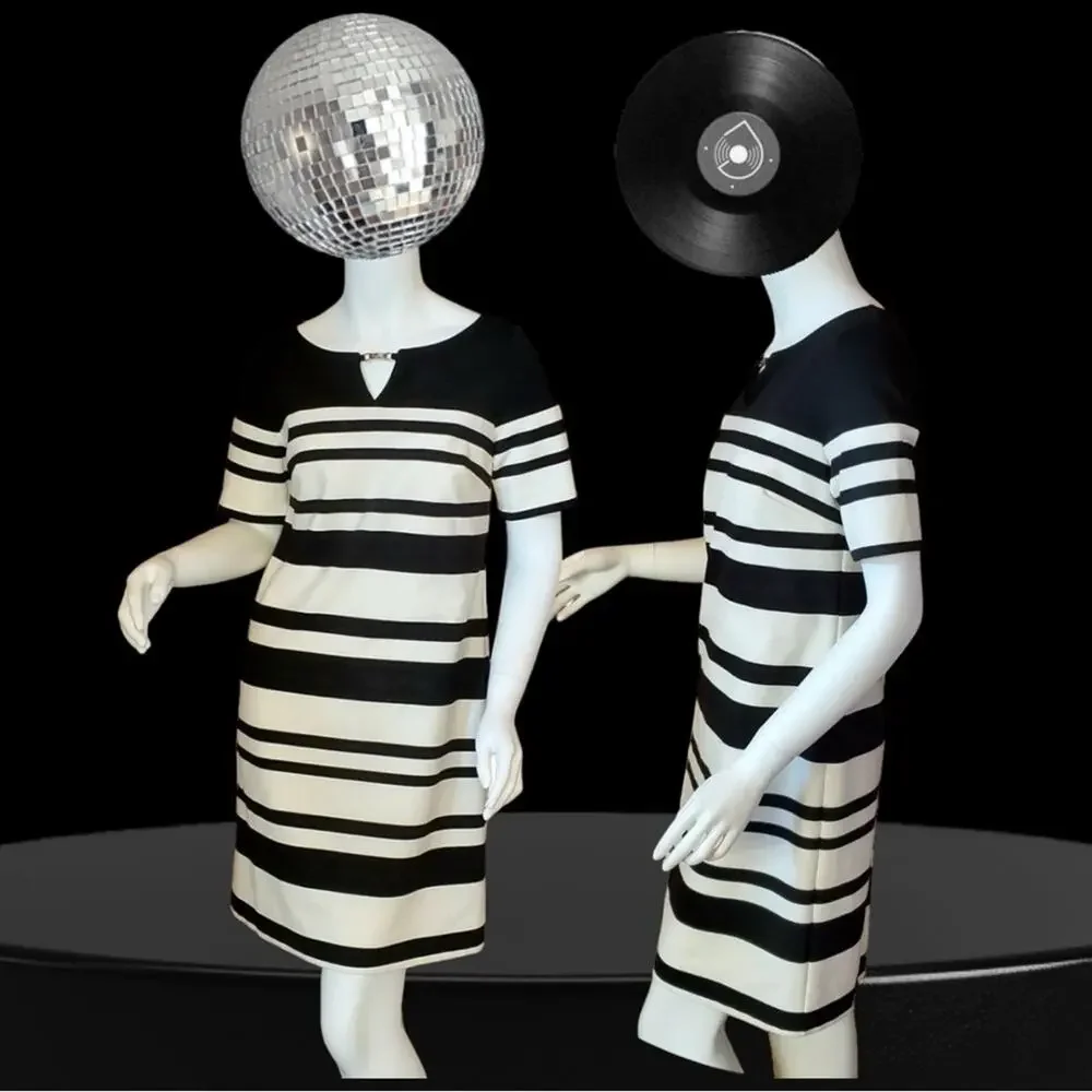 WHITE HOUSE BLACK MARKET ecru & black stripe shift dress size 4 Easter Sunday - Picture 3 of 13